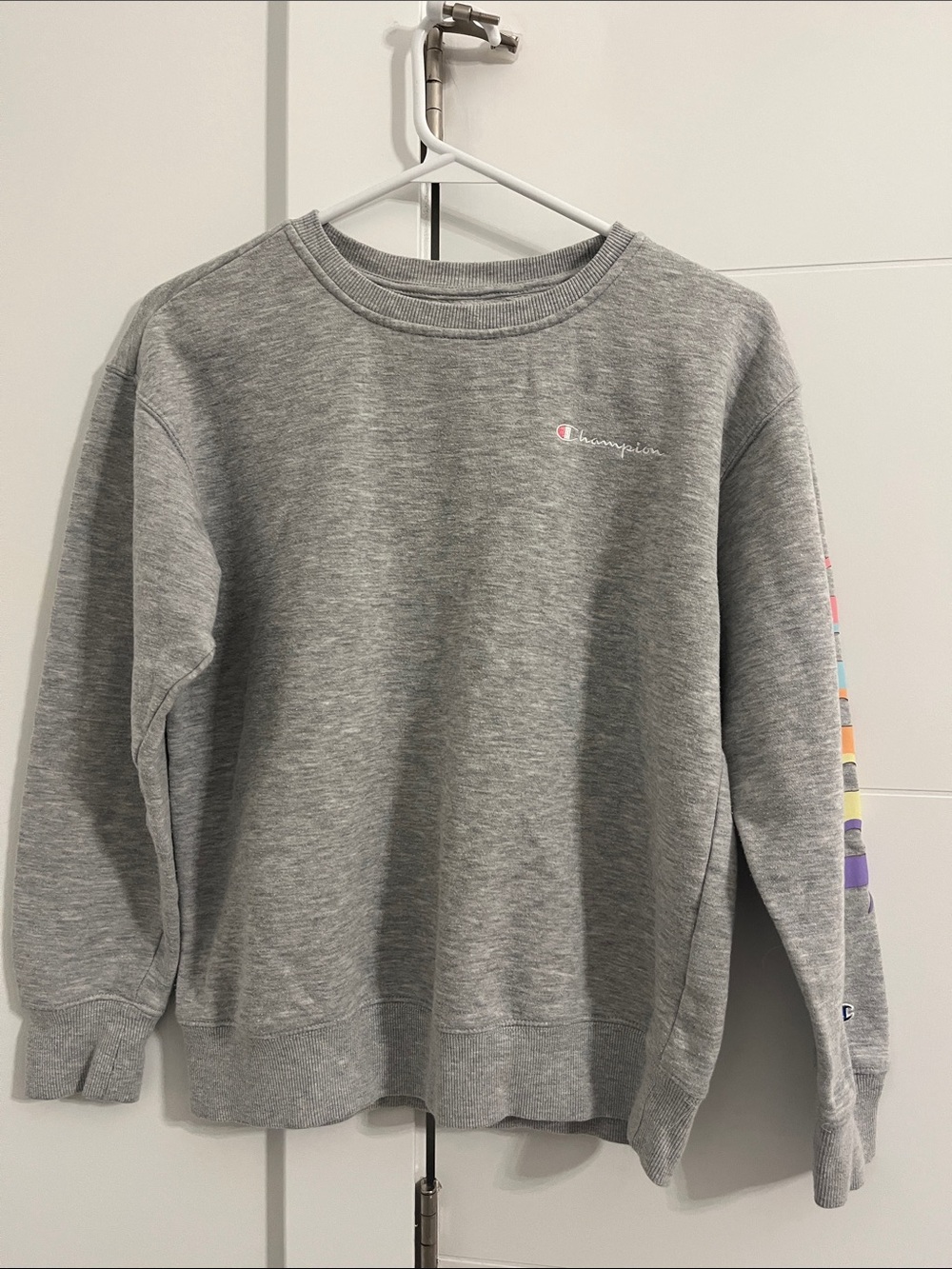Champion Gray Crewneck with Color-Block Sleeve Detail